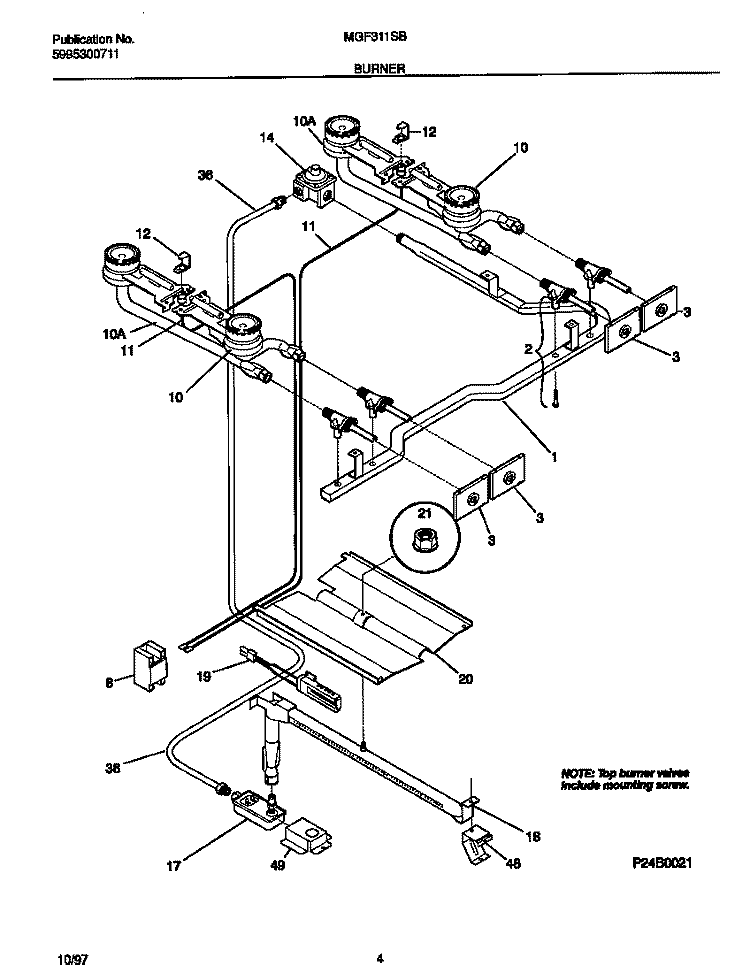 BURNER Diagram and Parts List for MGF311SBDE  Frigidaire Range