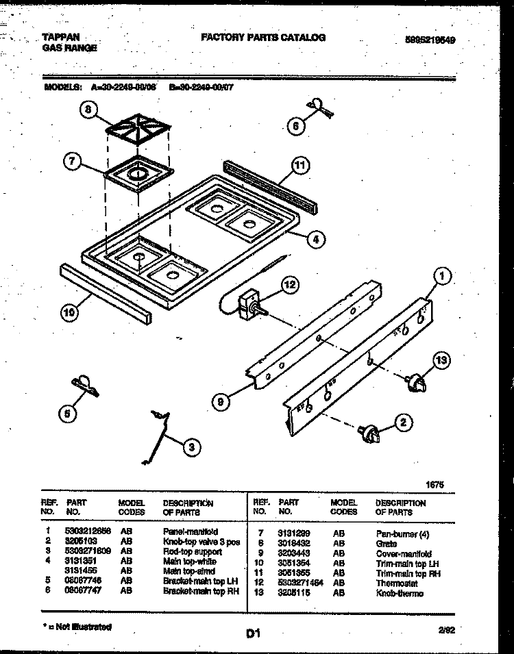 COOKTOP PARTS Diagram and Parts List for 30-2249-00-06  Tappan Range