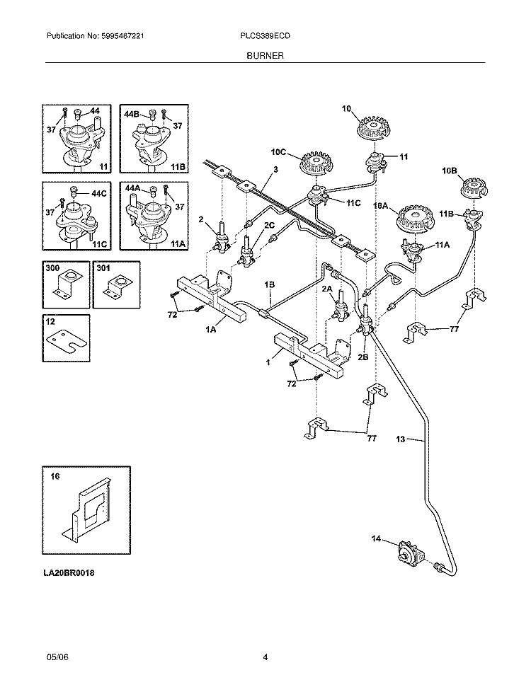 BURNER Diagram and Parts List for PLCS389ECD  Frigidaire Range