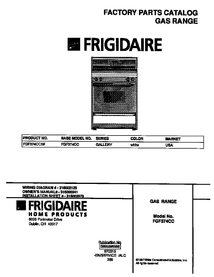 COVER Diagram and Parts List for FGF374CCSF  Frigidaire Range