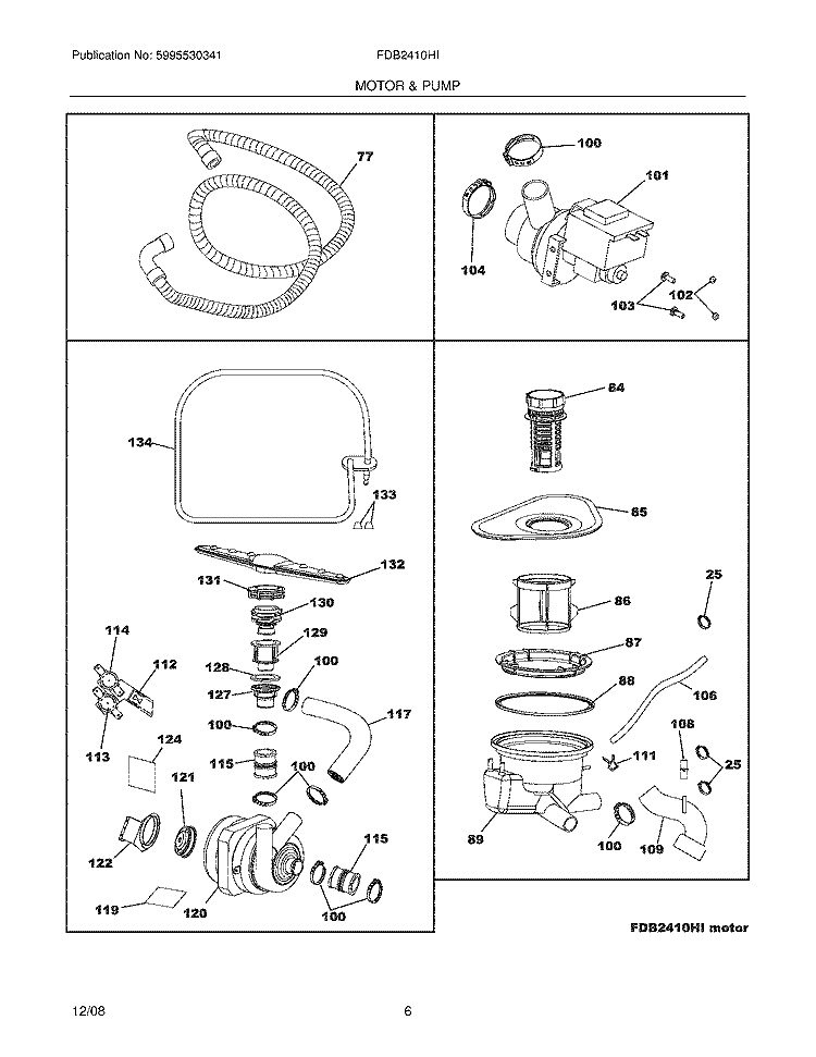 MOTOR & PUMP Diagram and Parts List for FDB2410HIB0  Frigidaire Dishwasher