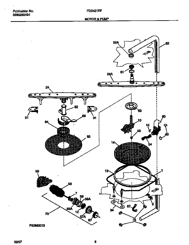 MOTOR & PUMP Diagram and Parts List for FDB421RFS2  Frigidaire Dishwasher