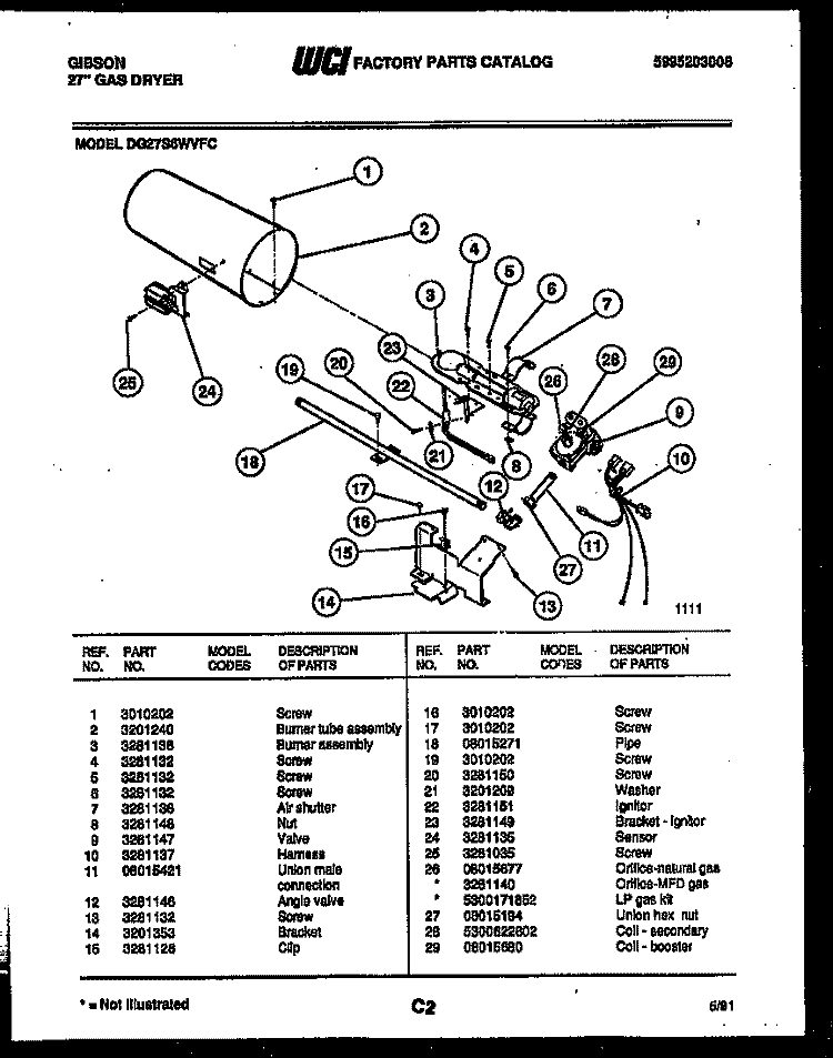 BURNER, IGNITER AND VALVE Diagram and Parts List for DG27S6WVFC  Gibson Dryer