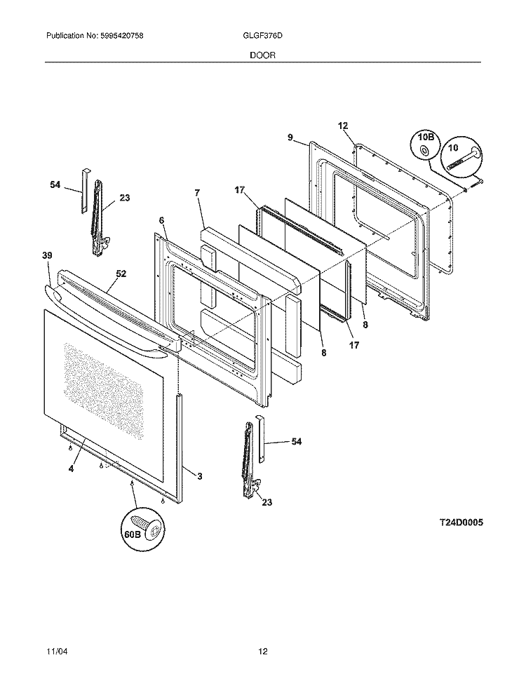 DOOR Diagram and Parts List for GLGF376DQA  Frigidaire Range