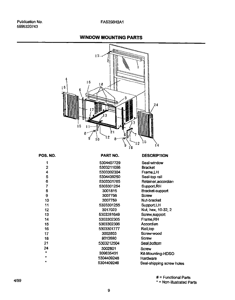 WINDOW MOUNTING Diagram and Parts List for FAS256H2A1  Frigidaire Air Conditioner