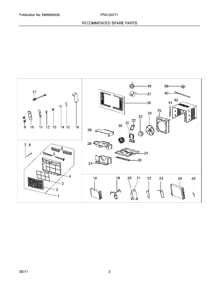 RECOMMENDED SPARE PARTS Diagram and Parts List for FRA122CT111  Frigidaire Air Conditioner