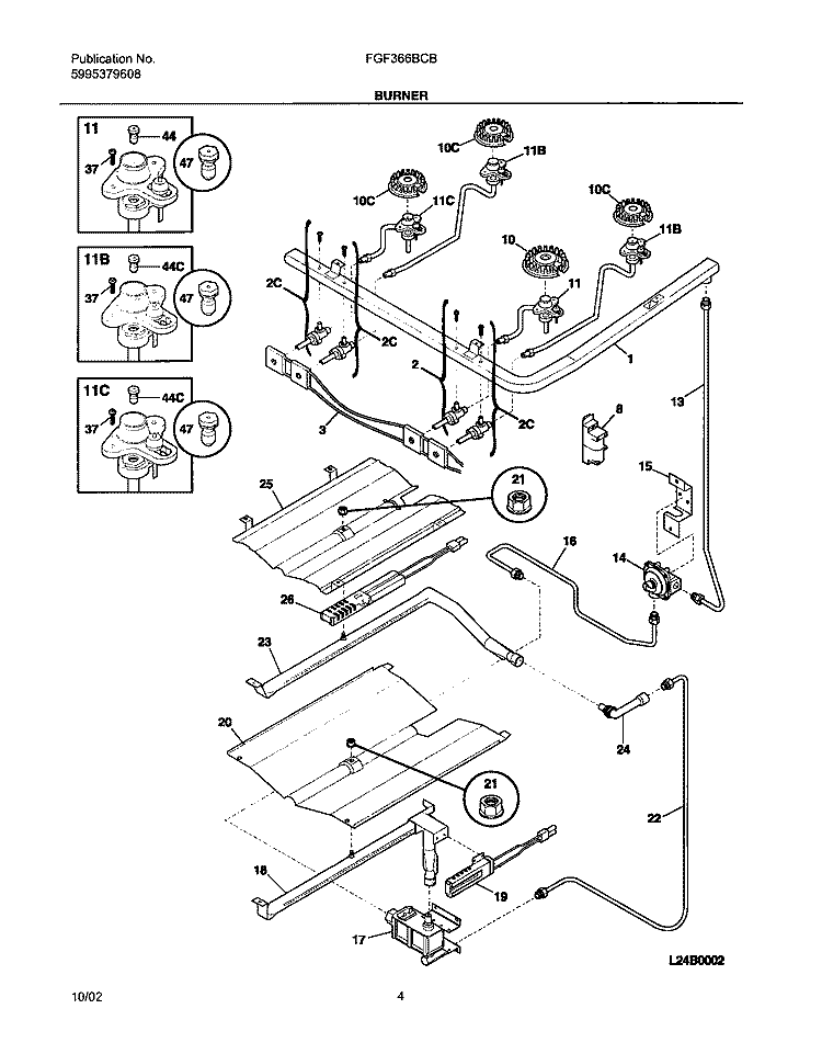 BURNER Diagram and Parts List for FGF366BCB  Frigidaire Range