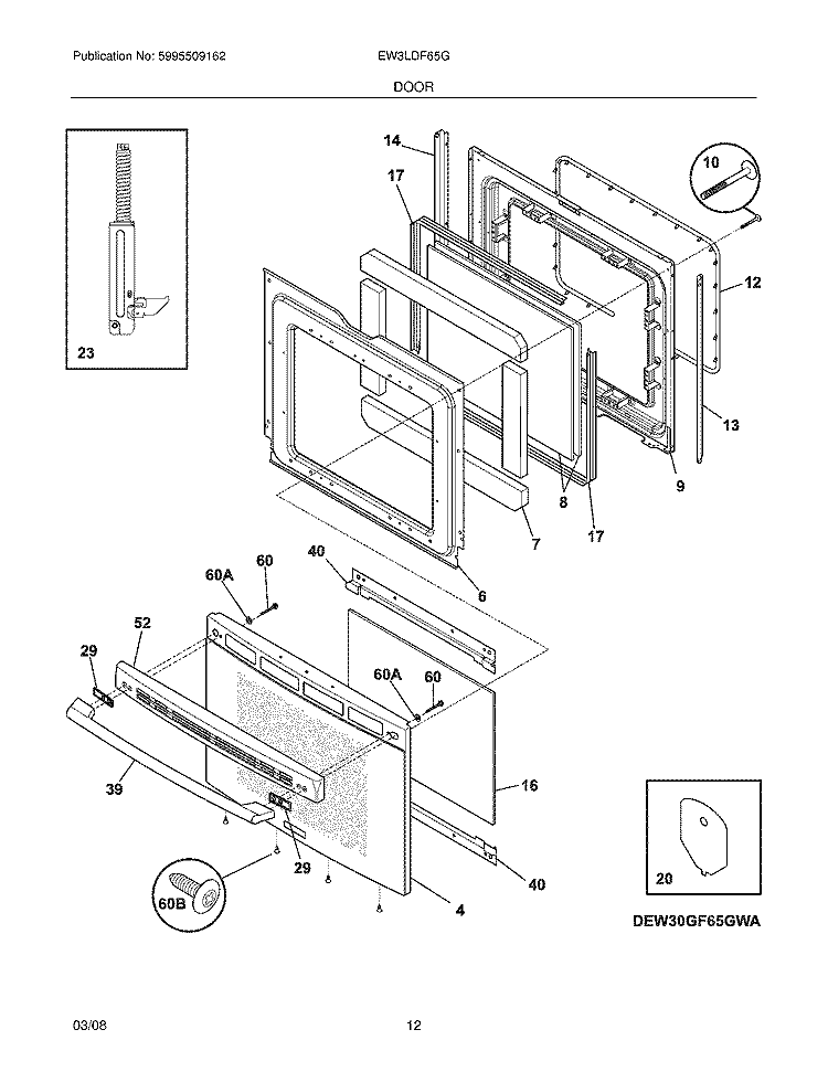 DOOR Diagram and Parts List for EW3LDF65GBA  Electrolux Range