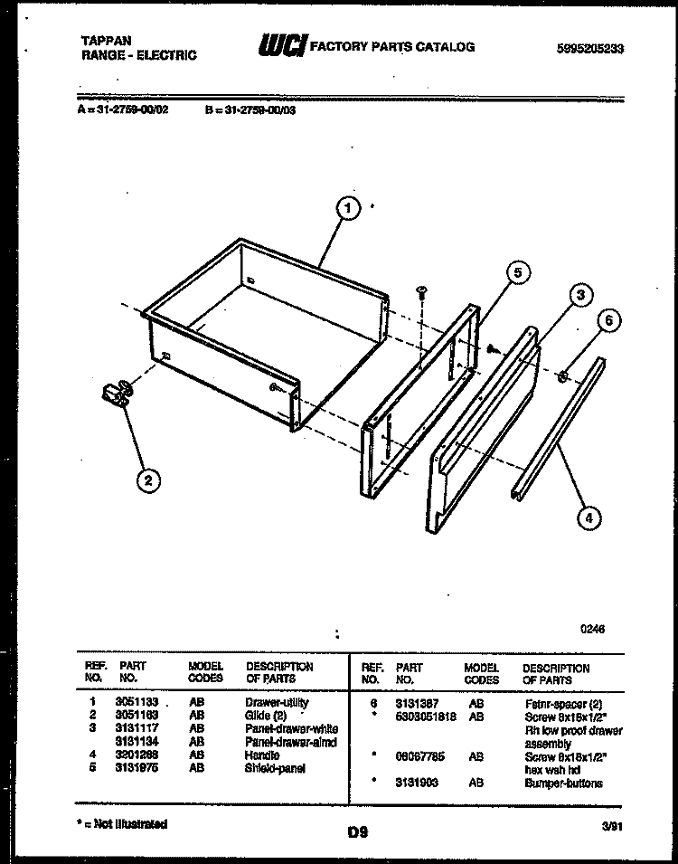 DRAWER PARTS Diagram and Parts List for 31-2759-00-03  Tappan Range