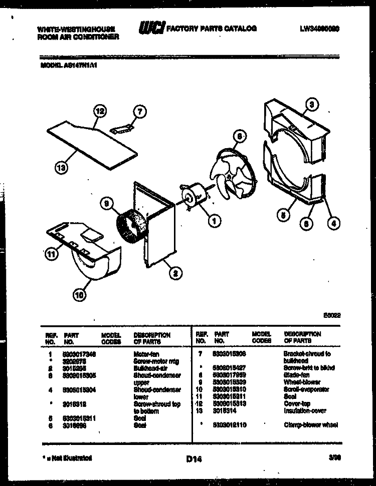 AIR HANDLING PARTS Diagram and Parts List for AS147N1A1  Frigidaire Air Conditioner