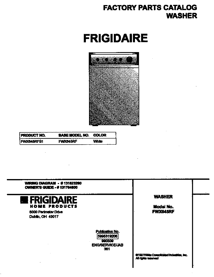 COVER Diagram and Parts List for FWX645RFS1  Frigidaire Washer