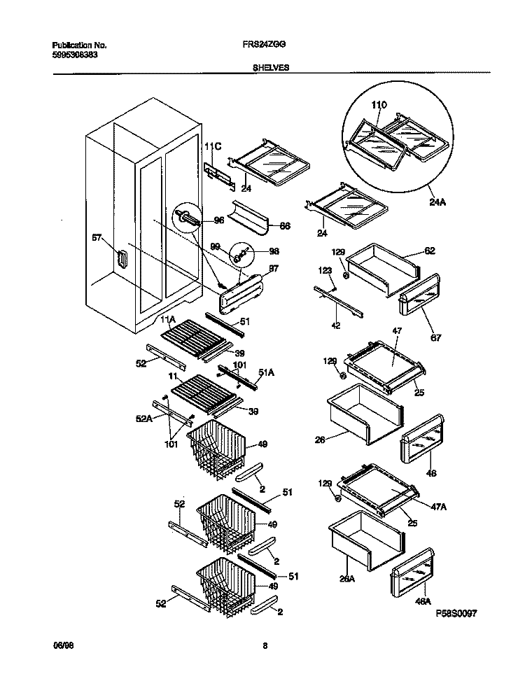 SHELVES Diagram and Parts List for FRS24ZGGB0  Frigidaire Refrigerator