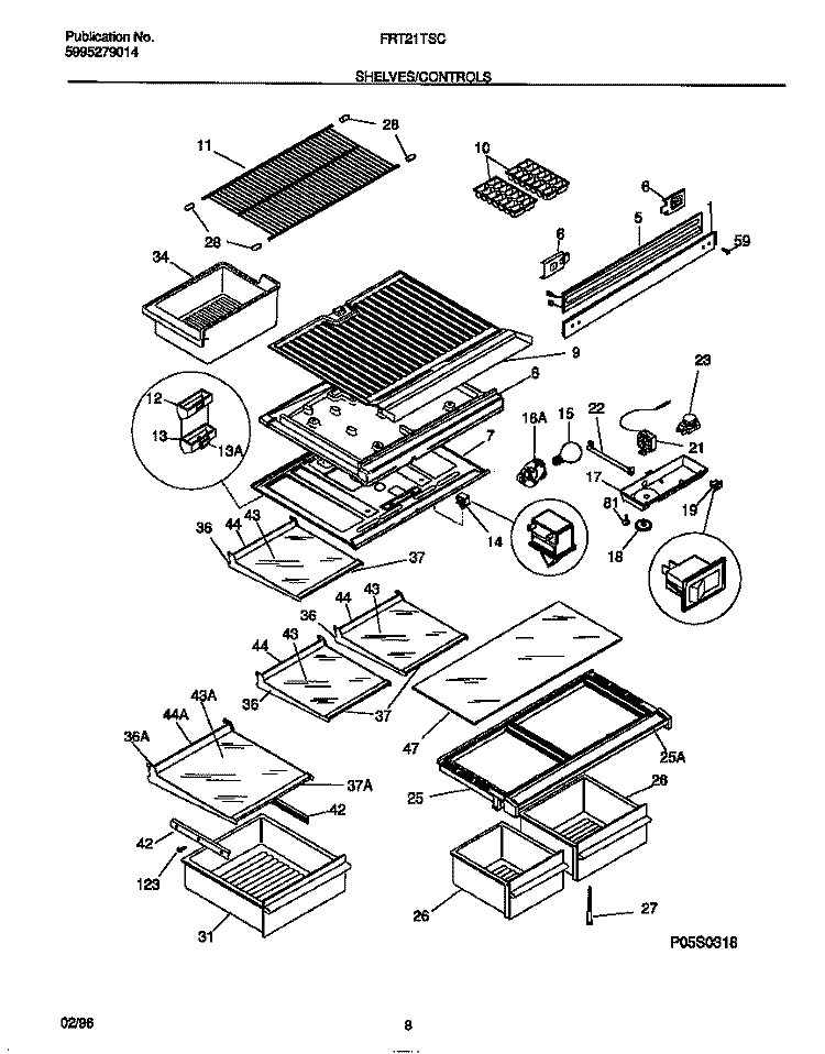 SHELVES / CONTROLS Diagram and Parts List for FRT21TSCD2  Frigidaire Refrigerator