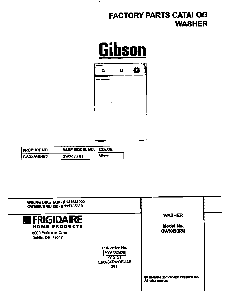 COVER Diagram and Parts List for GWX433RHS0  Gibson Washer