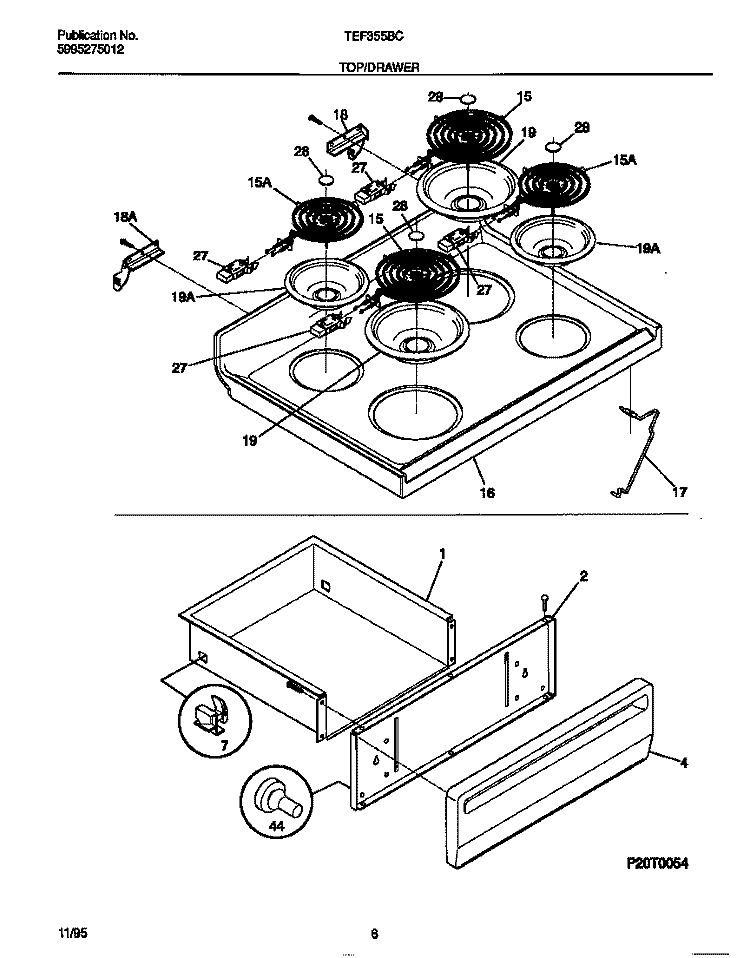 TOP / DRAWER Diagram and Parts List for TEF355BCDB  Tappan Range