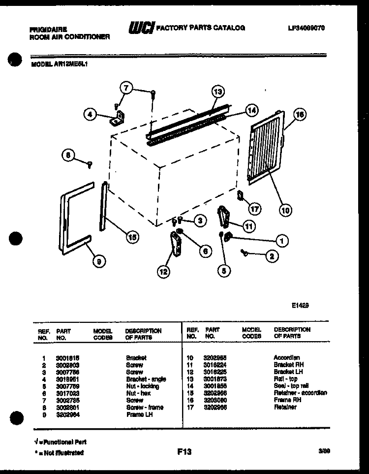 WINDOW MOUNTING PARTS Diagram and Parts List for AR12ME5L1  Frigidaire Air Conditioner