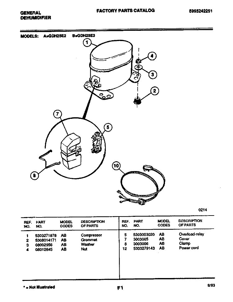 COMPRESSOR Diagram and Parts List for GDH25E2  Frigidaire Dehumidifier