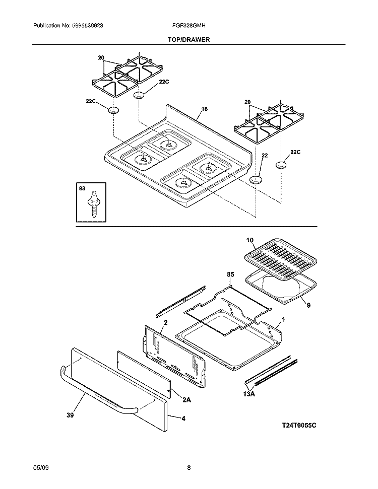 TOP/DRAWER Diagram and Parts List for FGF328GMH  Frigidaire Range