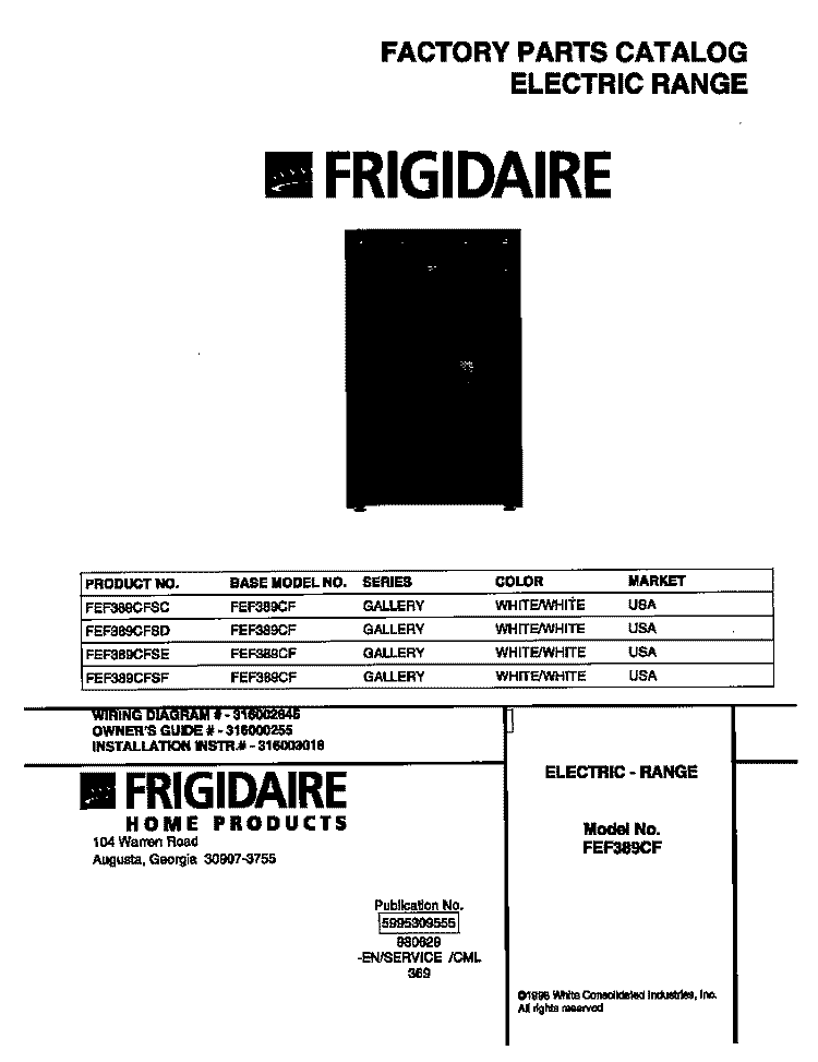 COVER Diagram and Parts List for FEF389CFSD  Frigidaire Range