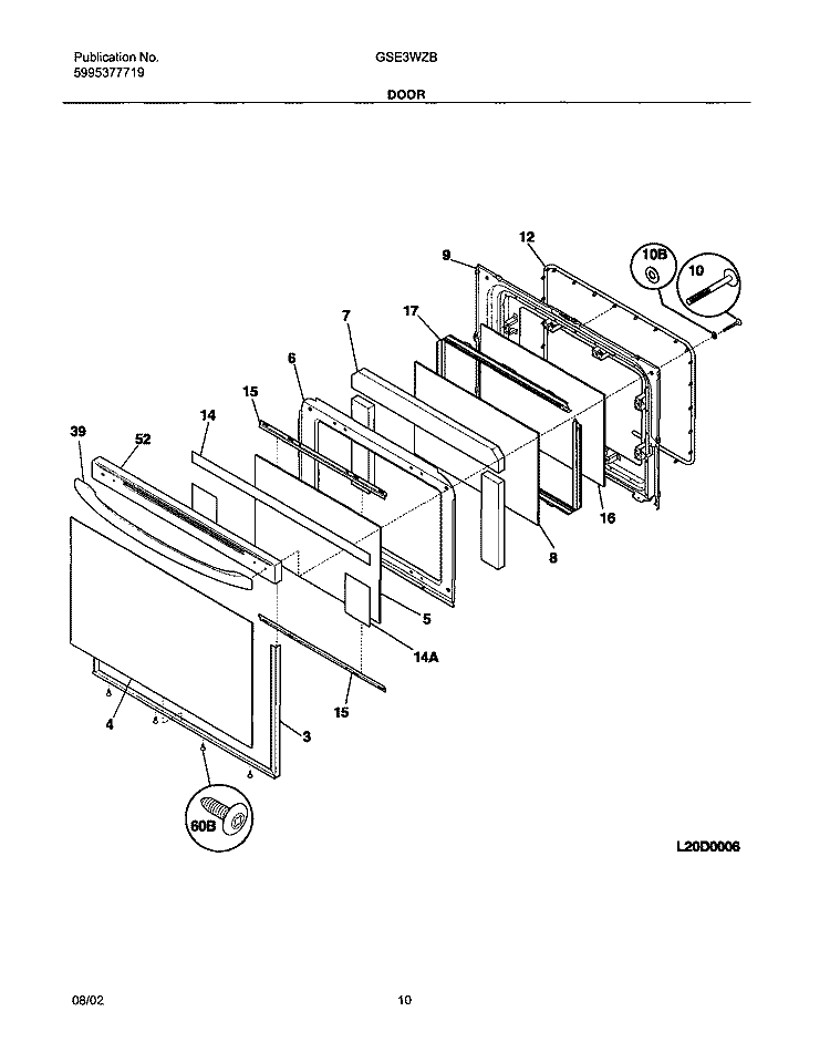 DOOR Diagram and Parts List for GSE3WZBQA  Frigidaire Range
