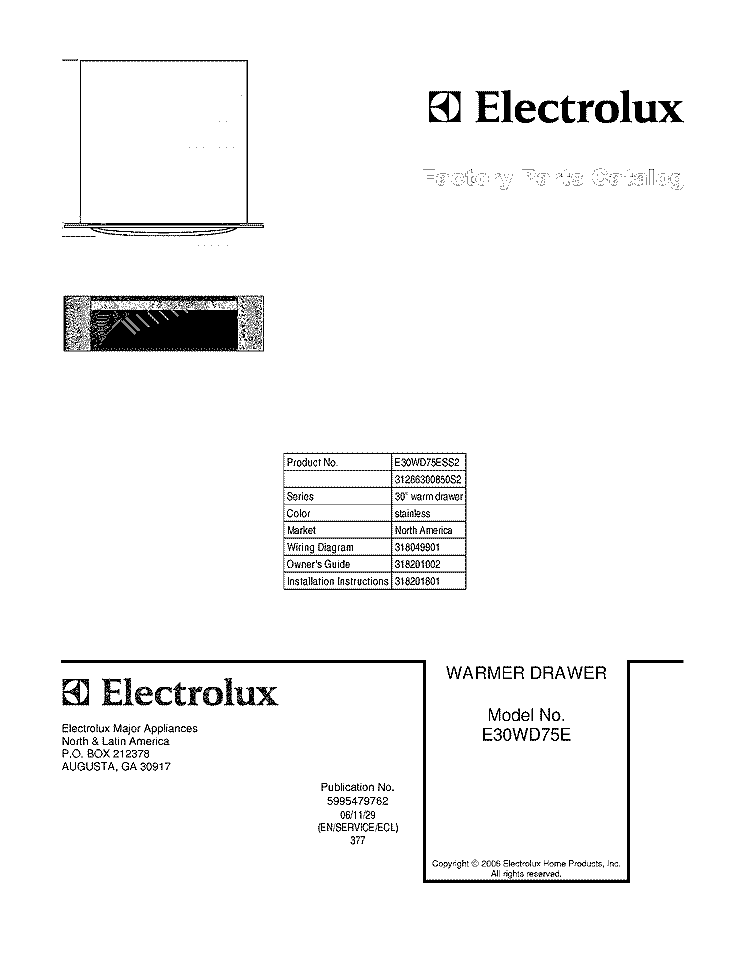 COVER Diagram and Parts List for E30WD75ESS2  Electrolux Warming Drawer