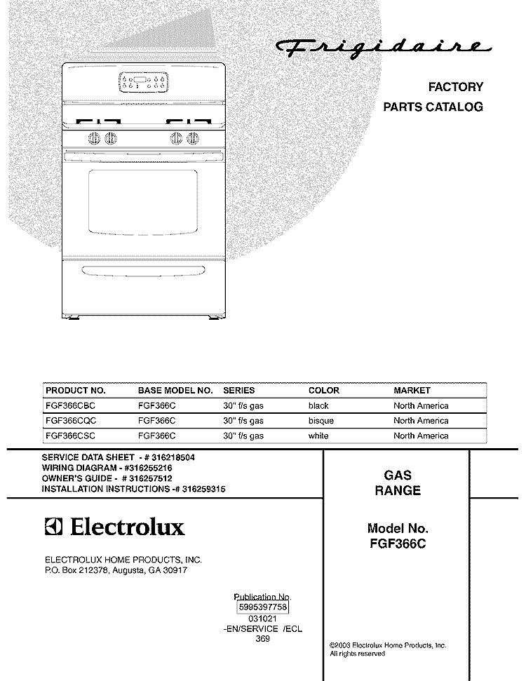 COVER Diagram and Parts List for FGF366CQC  Frigidaire Range