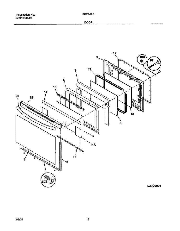 DOOR Diagram and Parts List for FEFB68CQB  Frigidaire Range