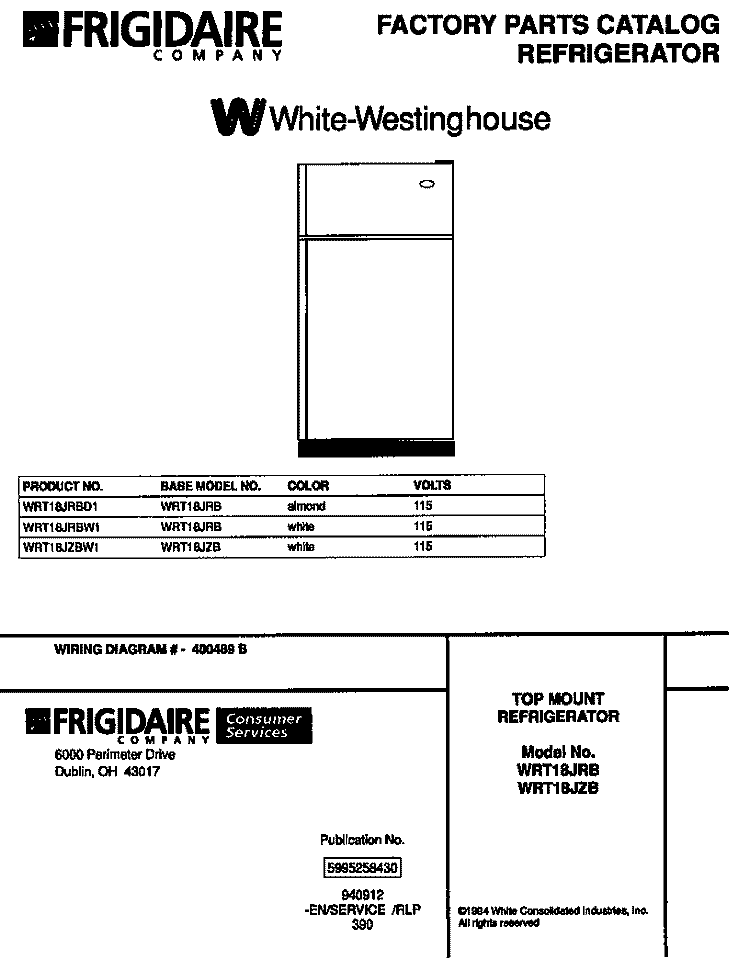 TOP MOUNT REFRIGERATOR Diagram and Parts List for WRT18JZBW1  Frigidaire Refrigerator