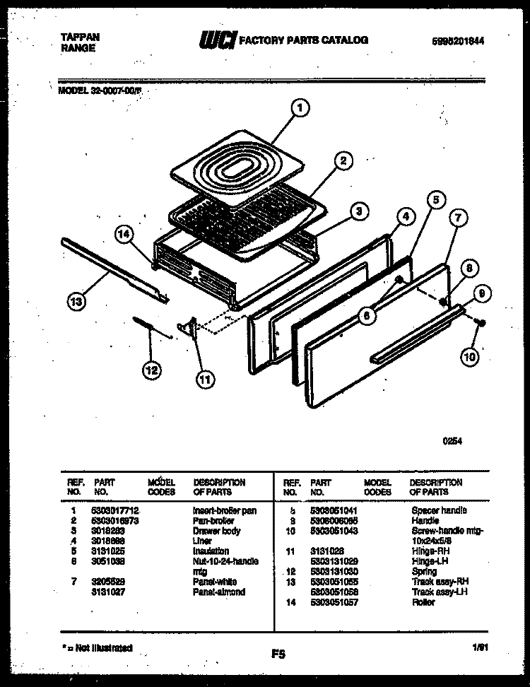 BROILER DRAWER PARTS Diagram and Parts List for 32-0007-23-05  Tappan Range