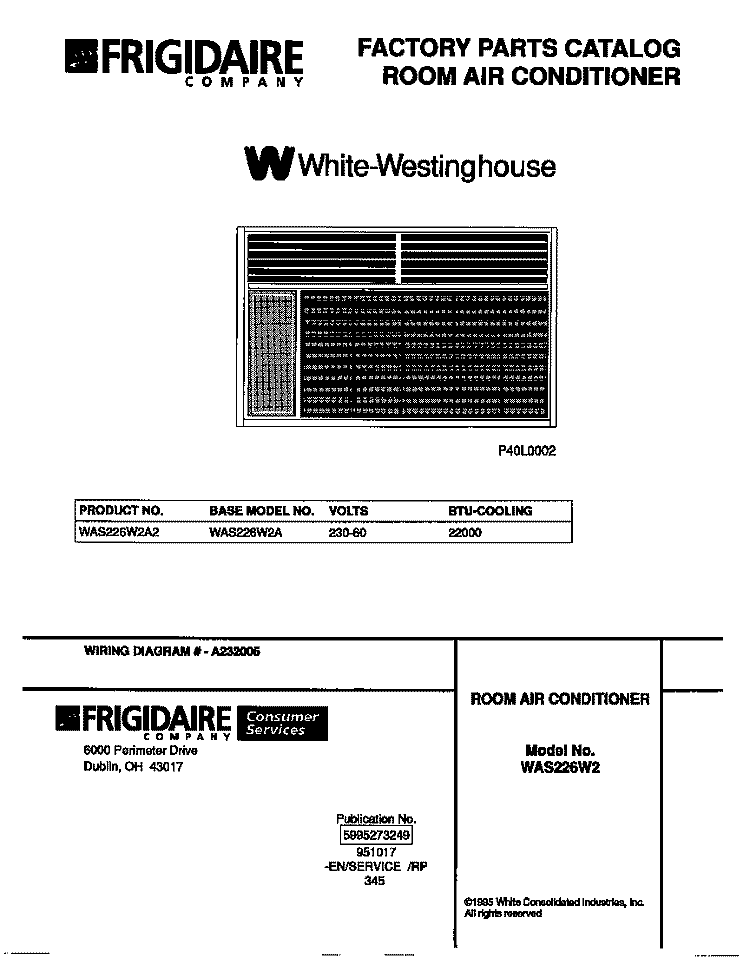 COVER Diagram and Parts List for WAS226W2A2  Frigidaire Air Conditioner