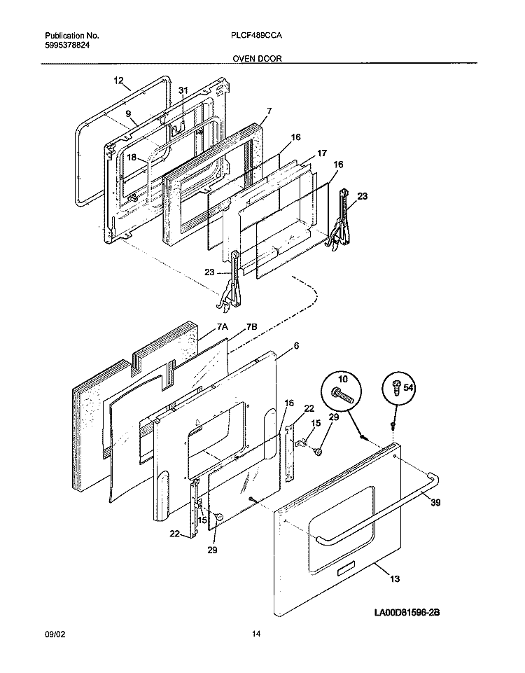 OVEN DOOR Diagram and Parts List for PLCF489CCA  Frigidaire Range