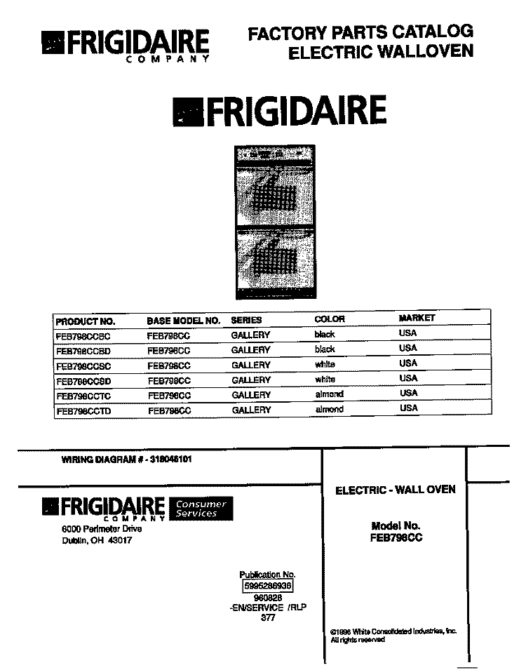 COVER Diagram and Parts List for FEB798CCTD  Frigidaire Wall Oven