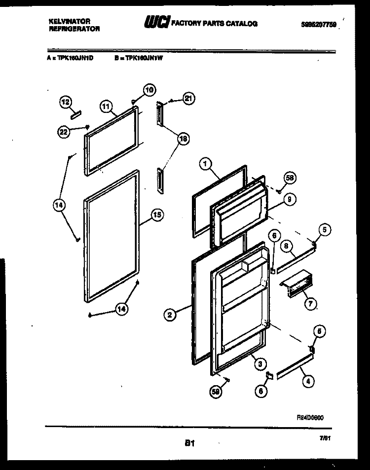 DOOR PARTS Diagram and Parts List for TPK160JN1W  Kelvinator Refrigerator