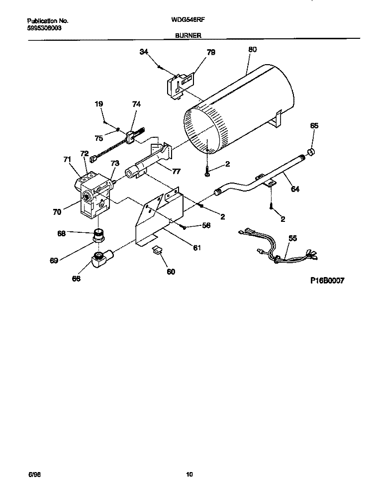 BURNER Diagram and Parts List for WDG546RFS0  Frigidaire Dryer