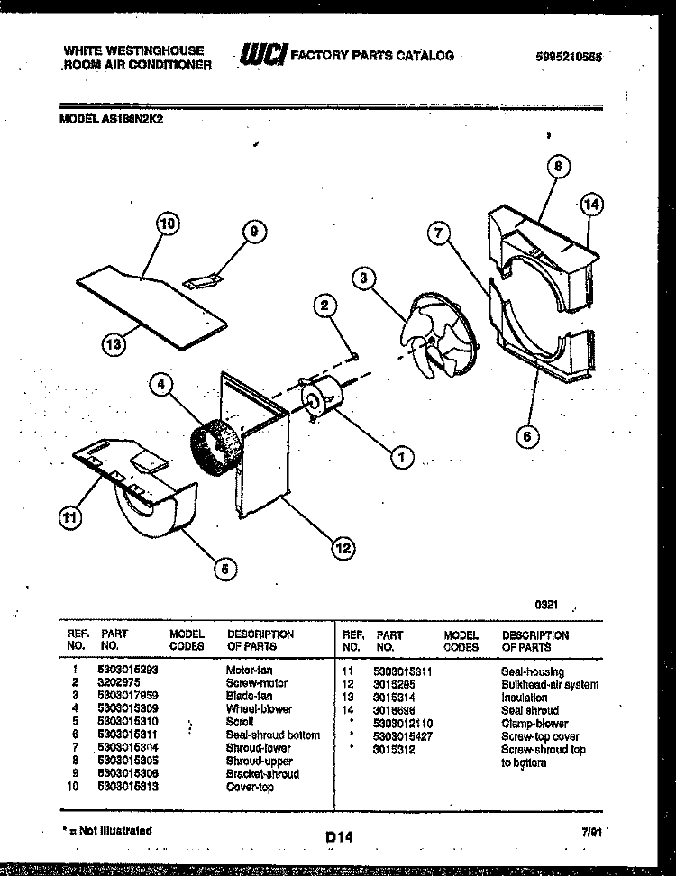 AIR HANDLING PARTS Diagram and Parts List for AS186N2K2  Frigidaire Air Conditioner