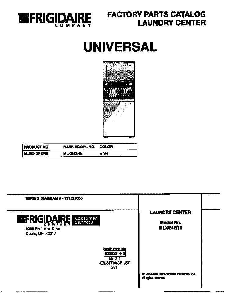 COVER Diagram and Parts List for MLXE42REW2  Frigidaire Washer Dryer Combo