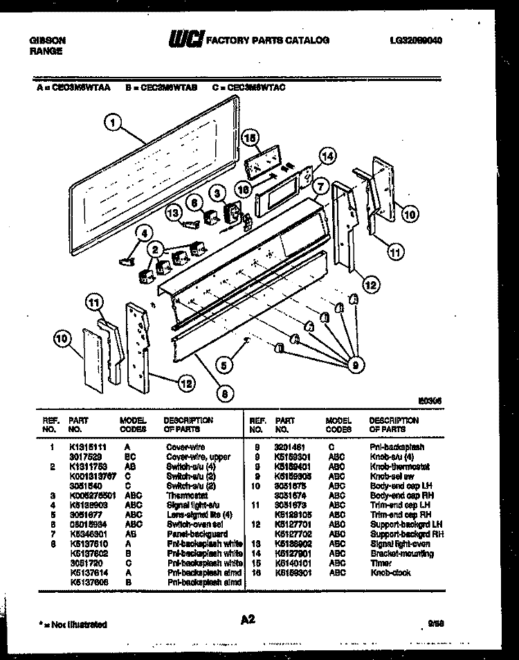 BACKGUARD Diagram and Parts List for CEC3M6WTAC  Gibson Range