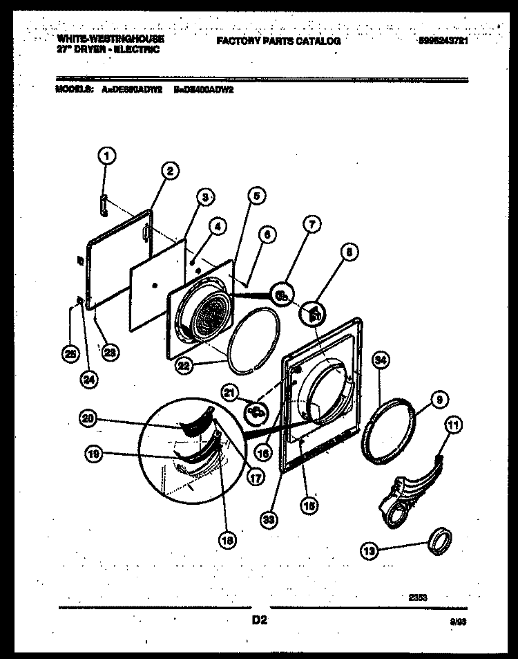 DOOR PARTS Diagram and Parts List for DE400ADW2  Frigidaire Dryer