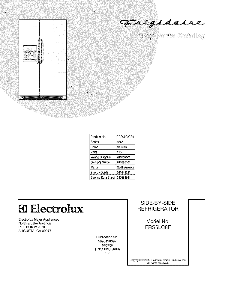 COVER Diagram and Parts List for FRS6LC8FS6  Frigidaire Refrigerator
