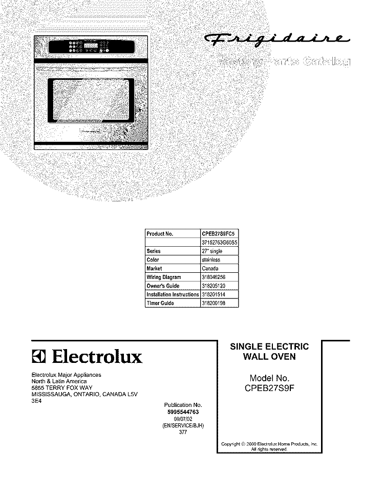 COVER Diagram and Parts List for CPEB27S9FC5  Frigidaire Wall Oven