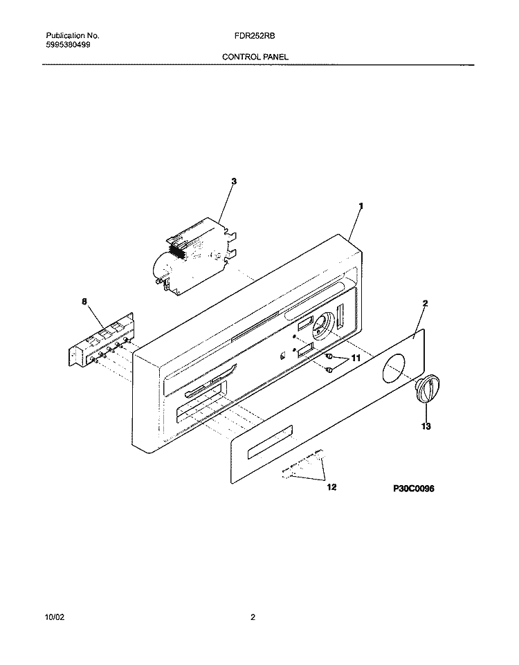 CONTROL PANEL Diagram and Parts List for FDR252RBS1  Frigidaire Dishwasher