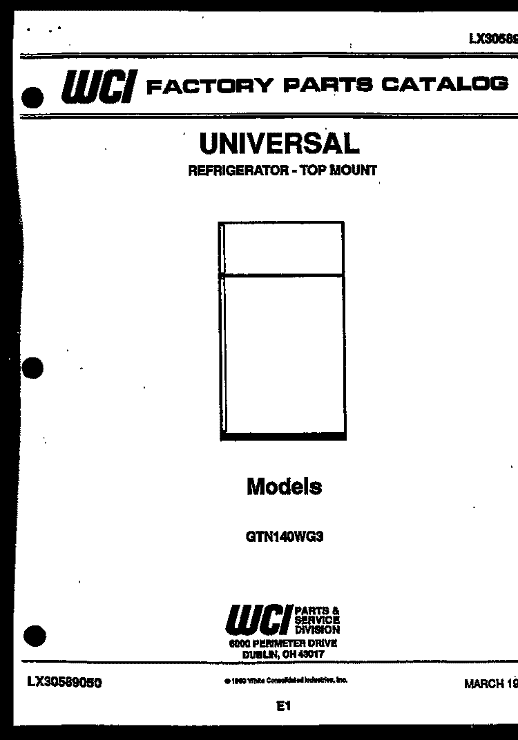 COVER Diagram and Parts List for GTN140WGW3-00  Uni Refrigerator