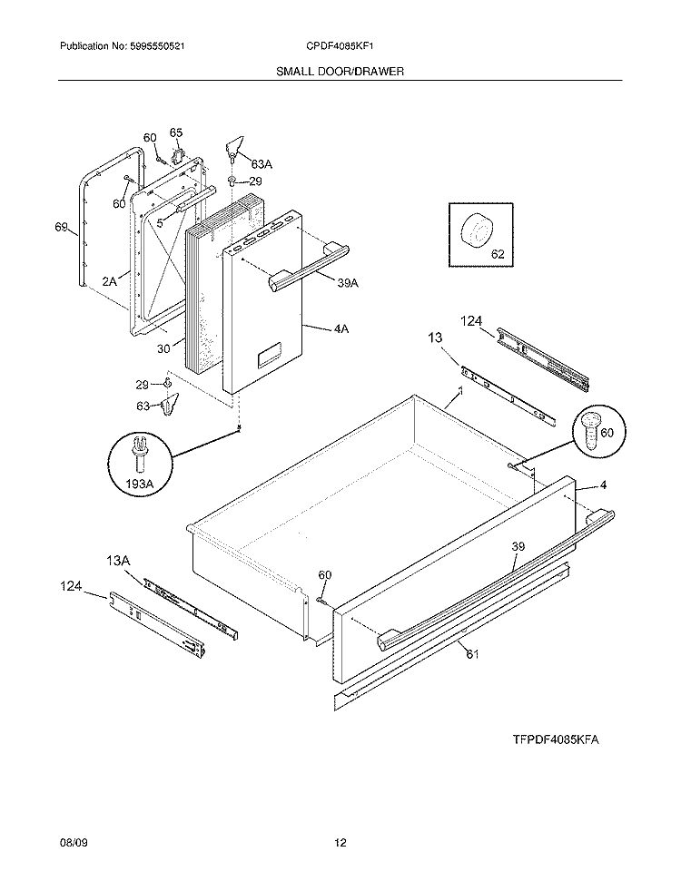 DRAWER/SMALL DOOR Diagram and Parts List for CPDF4085KF1  Frigidaire Range