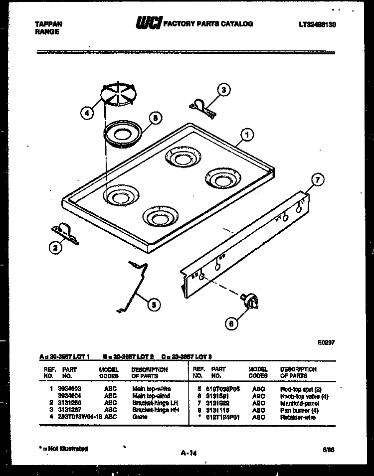 COOKTOP PARTS Diagram and Parts List for 30-3657-00-03  Tappan Range