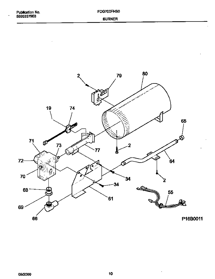 BURNER Diagram and Parts List for FDG700FHS0  Frigidaire Dryer