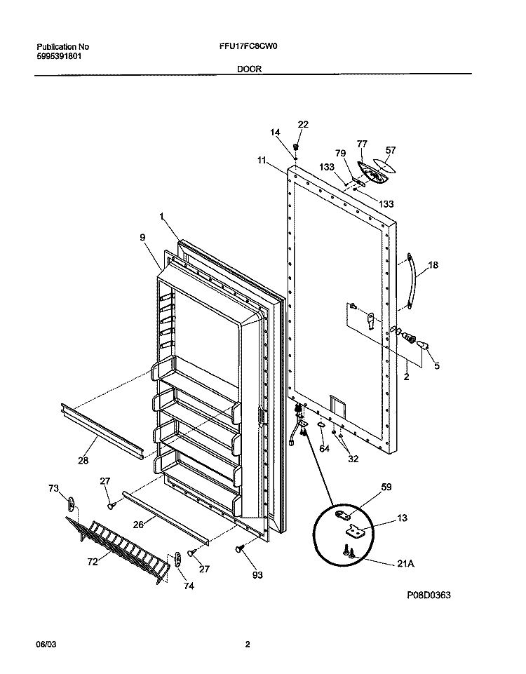 DOOR Diagram and Parts List for FFU17FC8CW0  Frigidaire Freezer
