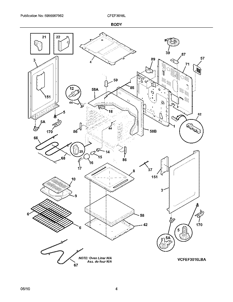 BODY Diagram and Parts List for CFEF3016LBB  Frigidaire Range