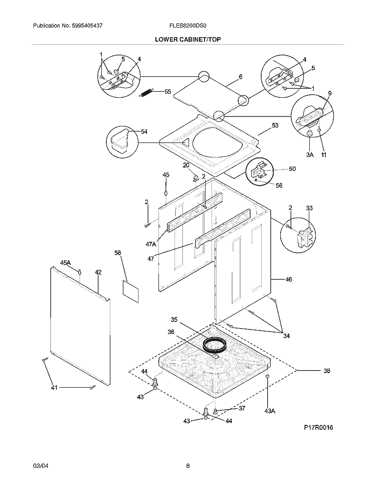 LOWER CABINET / TOP Diagram and Parts List for FLEB8200DS0  Frigidaire Washer Dryer Combo