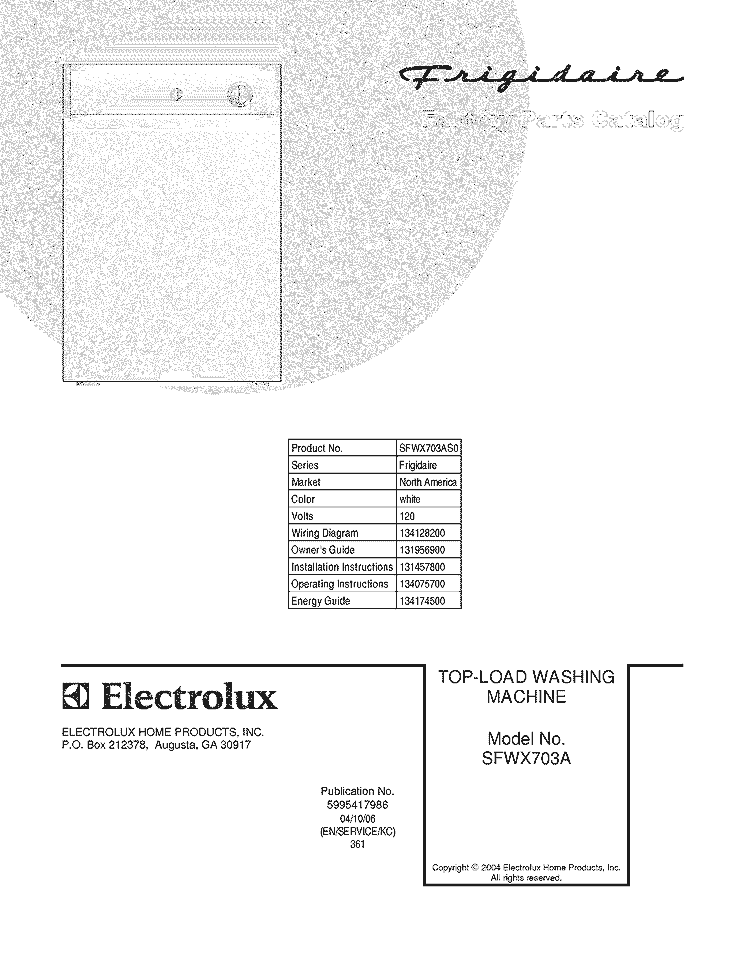 COVER Diagram and Parts List for SFWX703AS0  Frigidaire Washer
