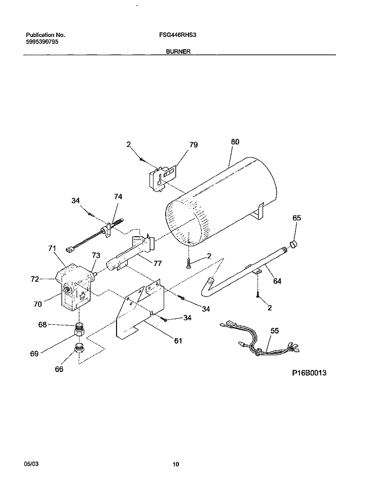 BURNER Diagram and Parts List for FSG446RHS3  Frigidaire Dryer